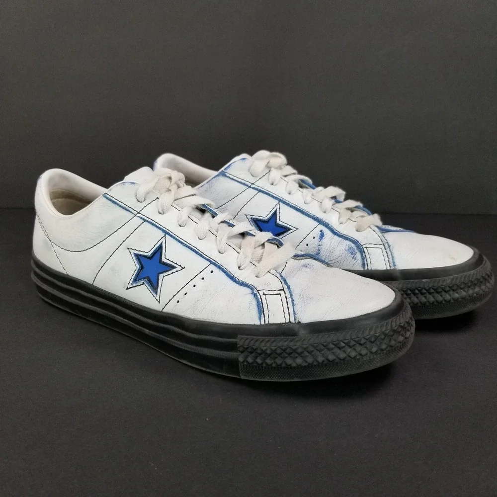 Converse One Star Low Top White Blue Leather Distress Sneakers **Possible W8 M6